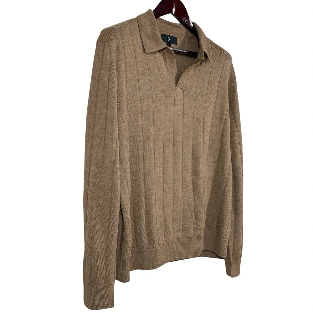 Banana Republic 100% Merino Wool Johnny Collar Sweater Mens L Brown Ribbed Knit